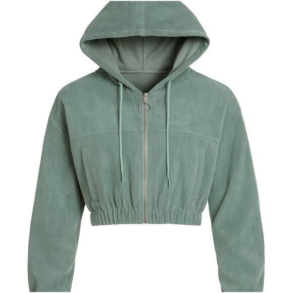 Shein Sage Green Cropped Corduroy Hoodie Jacket Zip Up Women’s Size Small - Picture 1 of 8